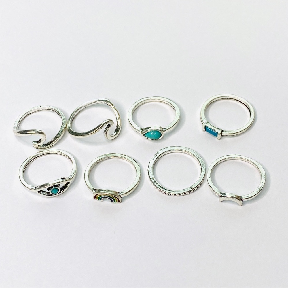 Rainbow Sky Turquoise Stone Silver Ring Set 8pc - Picture 4 of 5